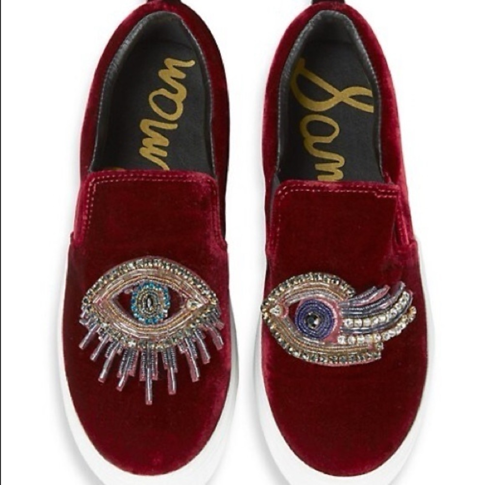 SAM EDELMAN LEILA VELOUR SNEAKERS | Red with Eye embellishment | Size 7.5